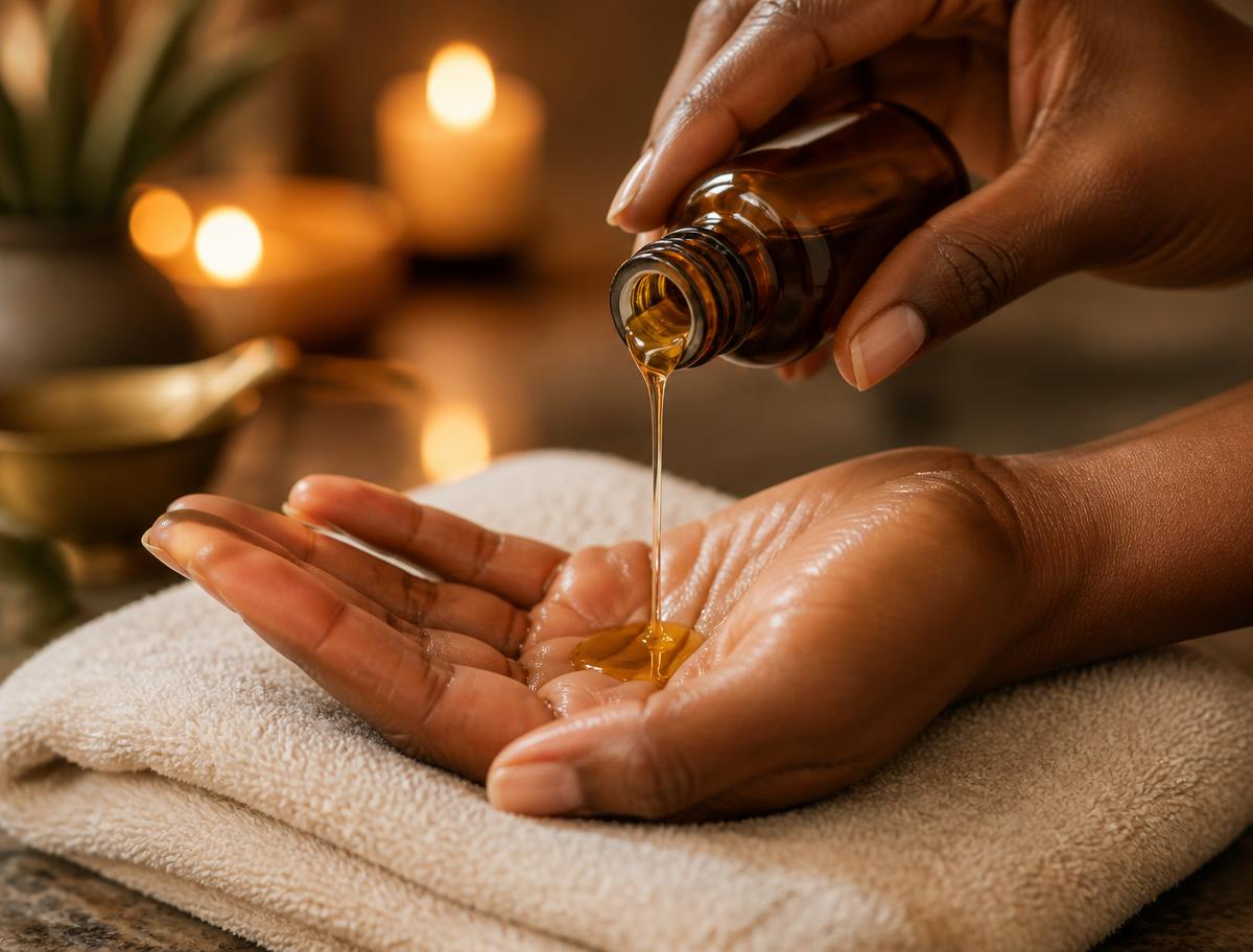 Warm aromatic oil being poured into a therapist's palm before a massage