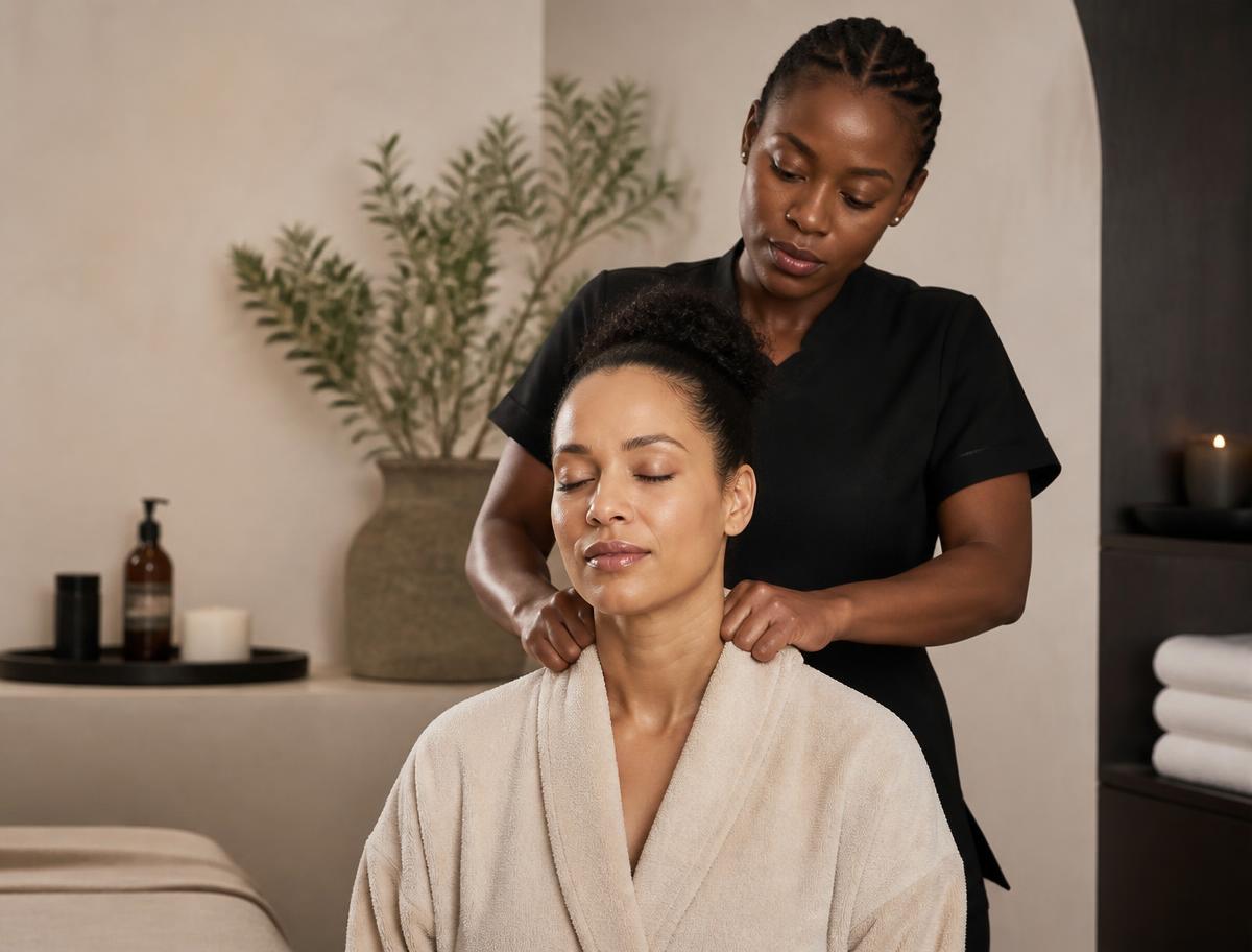 A therapist working on a seated client's neck and shoulders in a calm treatment room