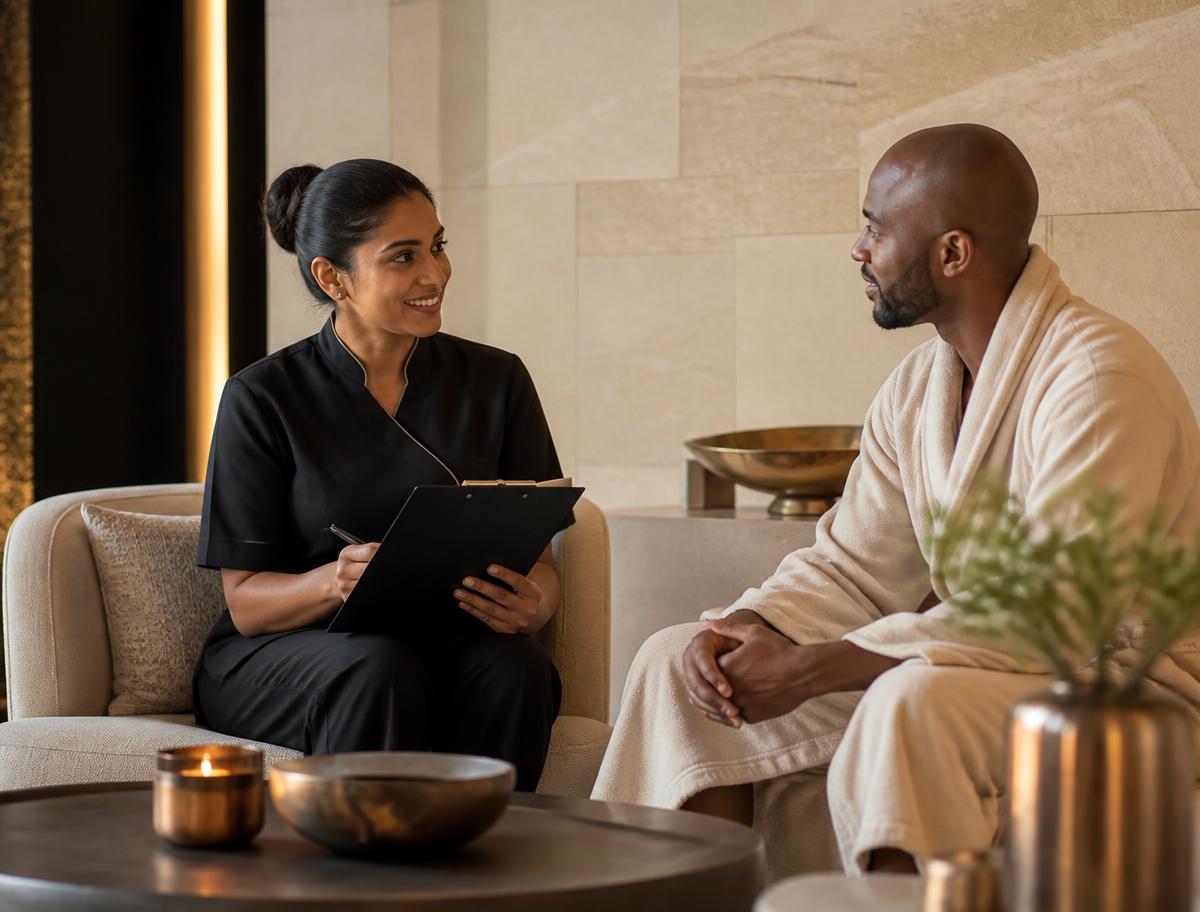 A therapist in consultation with a client before a treatment