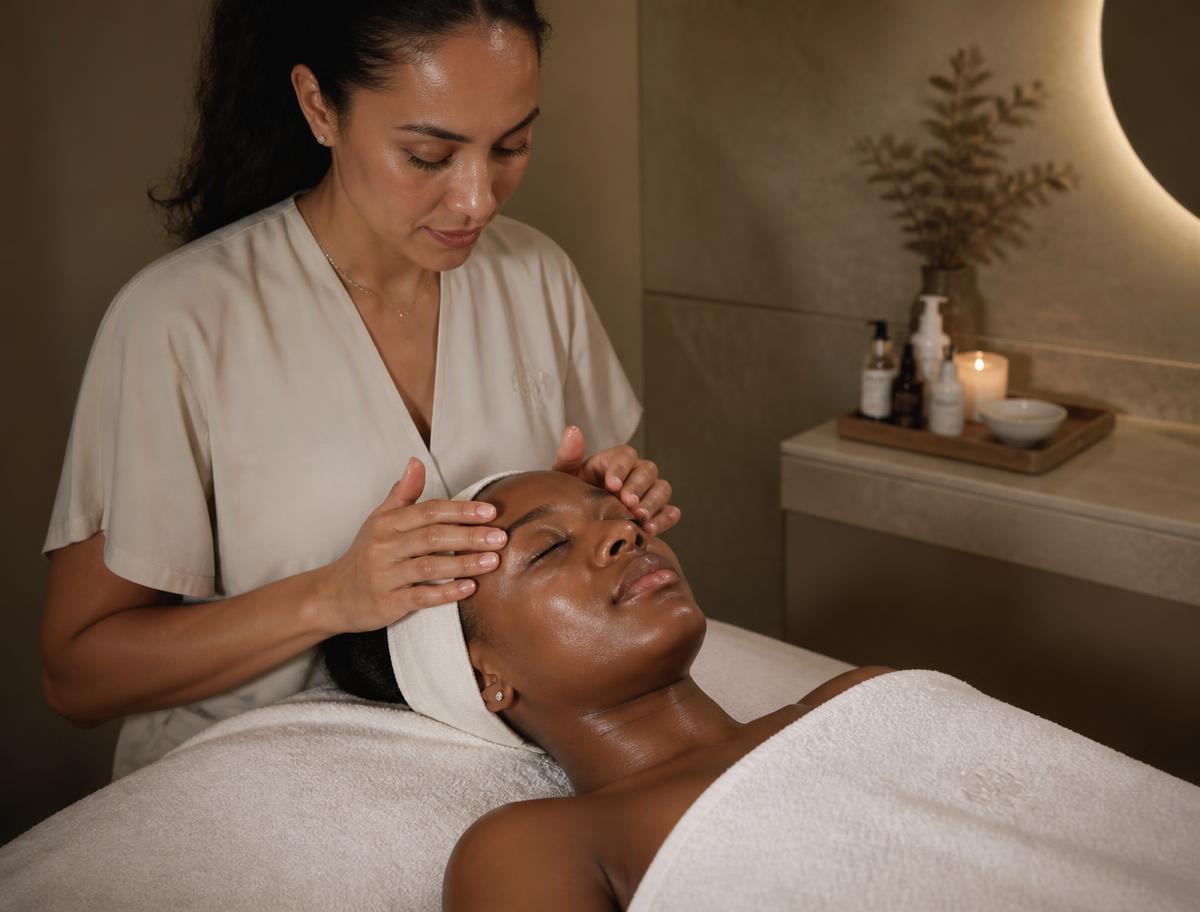 A client receiving a refined facial treatment as a therapist applies serum