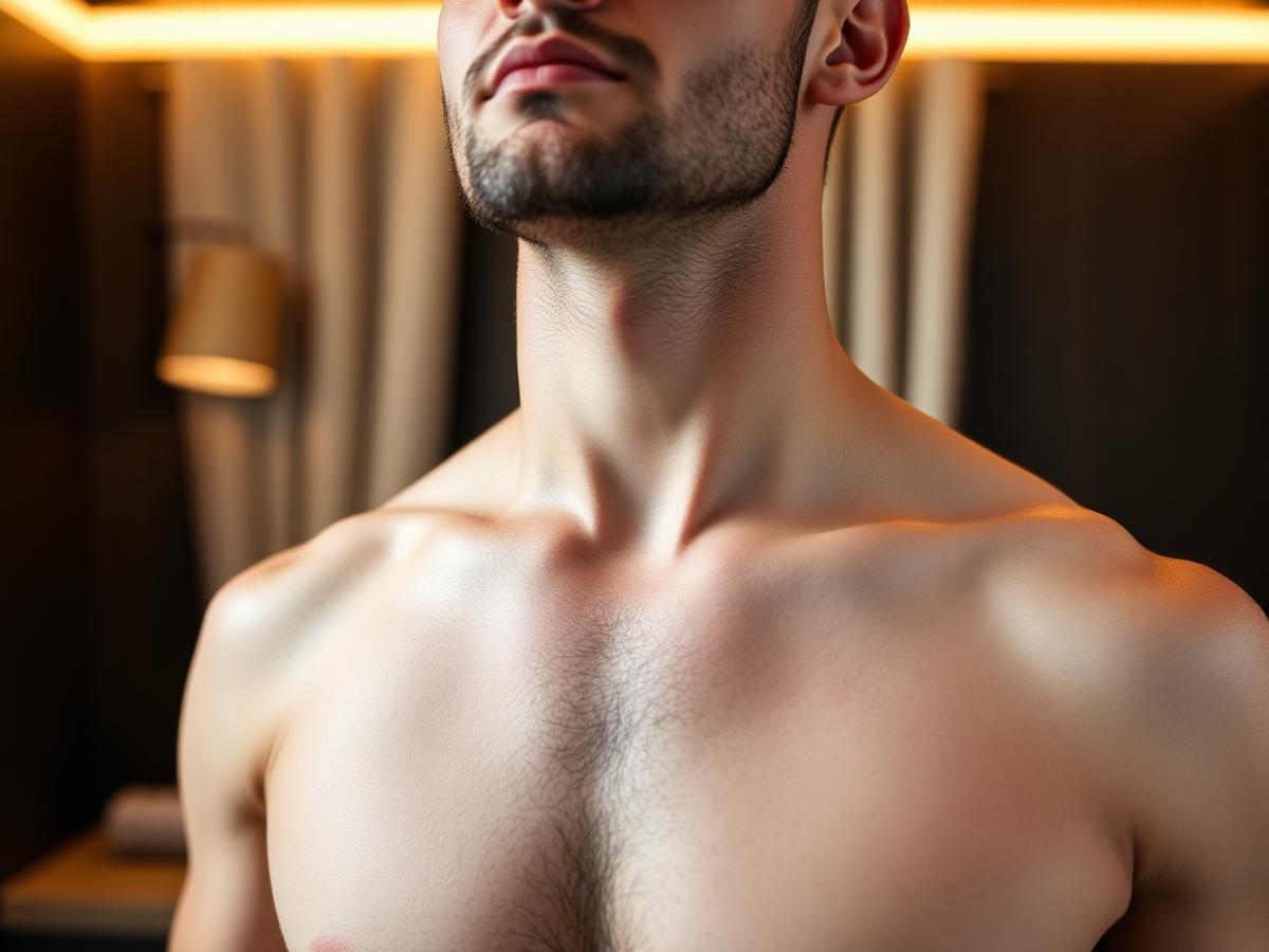 A male client's chest during a grooming treatment, showing untouched hair on one side and smooth groomed skin on the other