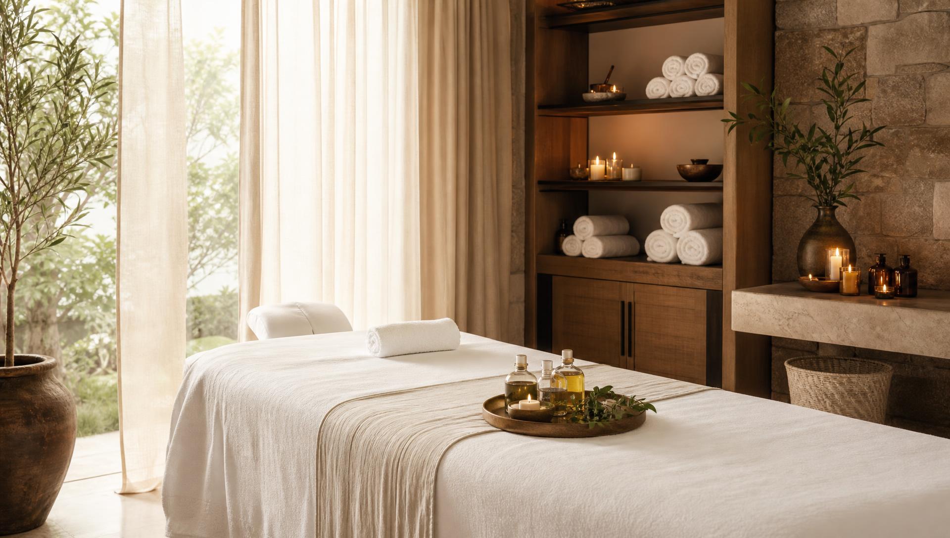 A calm, candle-lit treatment room with fresh linen, warm stone and timber at Amava Luxury Spa