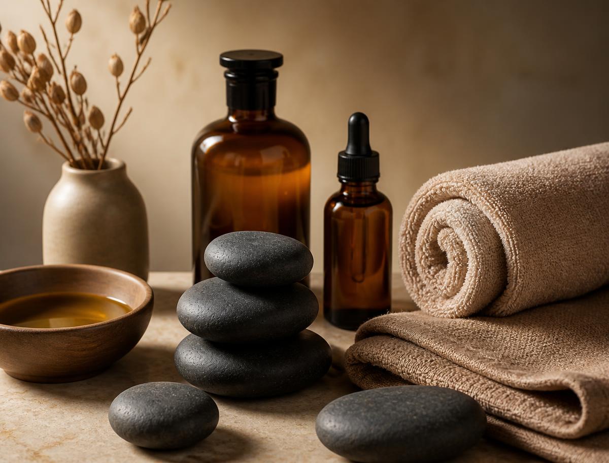 Smooth heated basalt stones, natural oil and warm towels on a stone surface