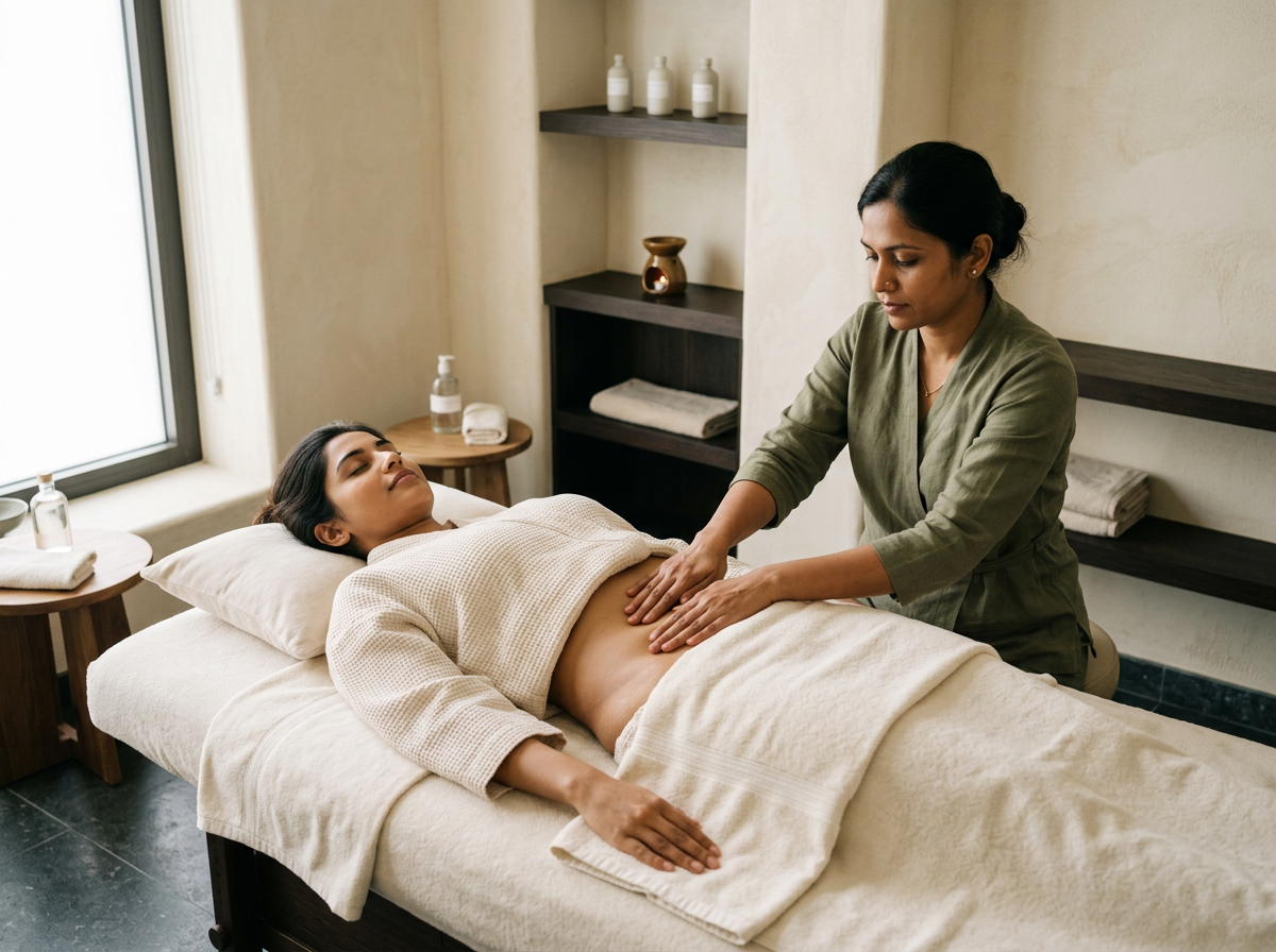A therapist performing a gentle lymphatic drainage massage on a relaxed client's abdomen