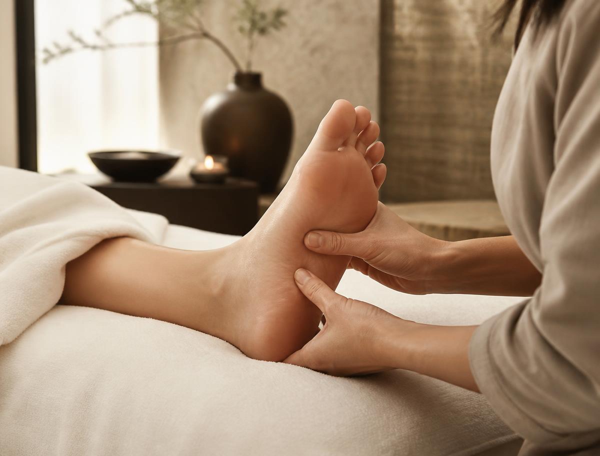 A therapist applying reflexology pressure-point work to a client's foot