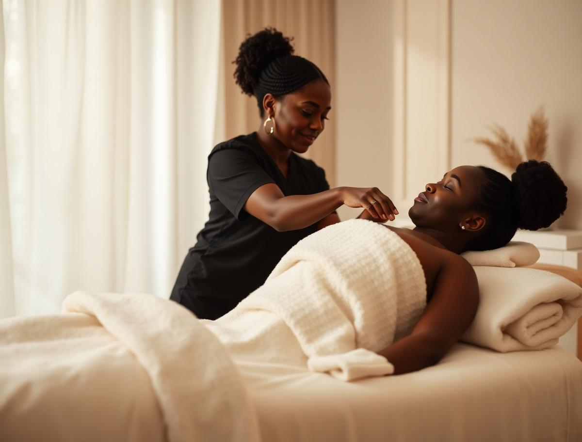 A therapist performing a relaxing full-body massage on a client draped in warm linen