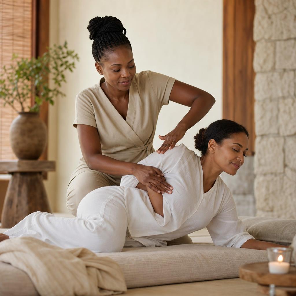 A therapist performing a traditional Thai massage with assisted stretching on a relaxed female client