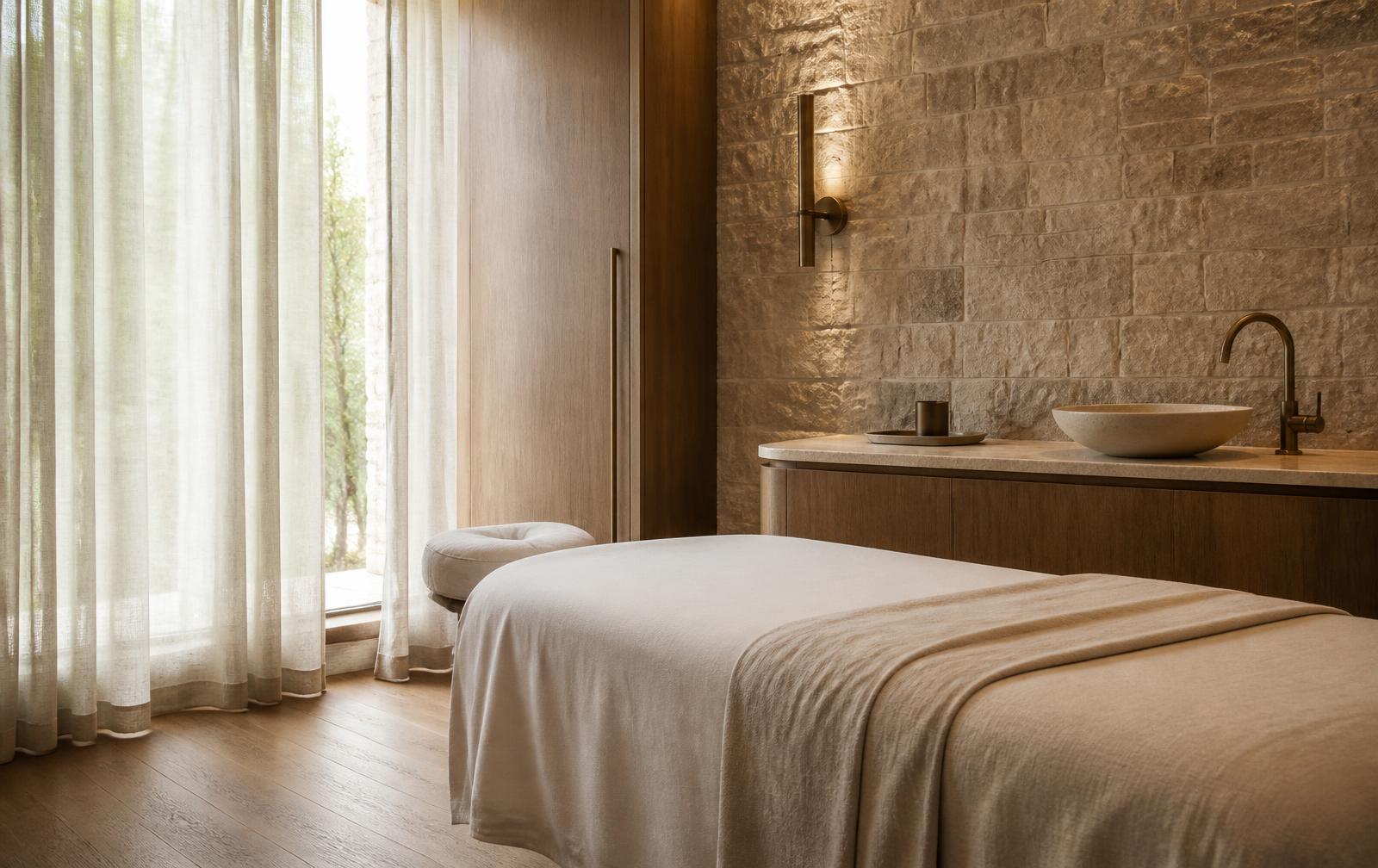 A peaceful treatment room with warm stone, timber, linen and natural light