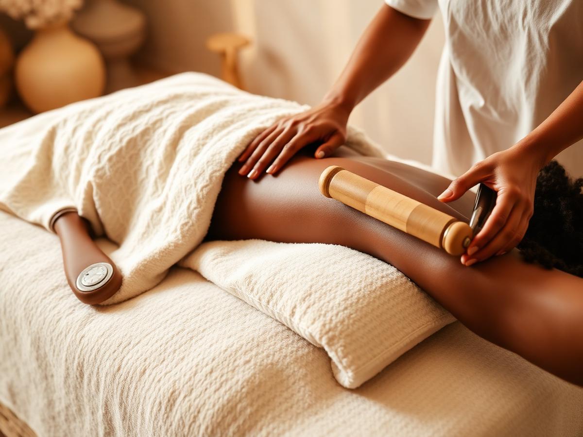 A therapist using a smooth wooden massage tool along a client's upper leg during a wood therapy treatment